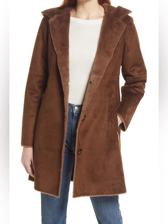 Gallery Jackets & Blazers - Gallery Faux Suede Faux Shearling Hooded Long Coat Brown XL NWT